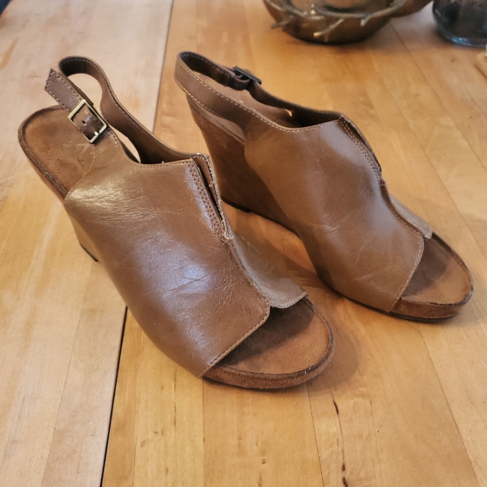 Tan Faux Leather Wedge Sandals- Aerosoles, Size 8